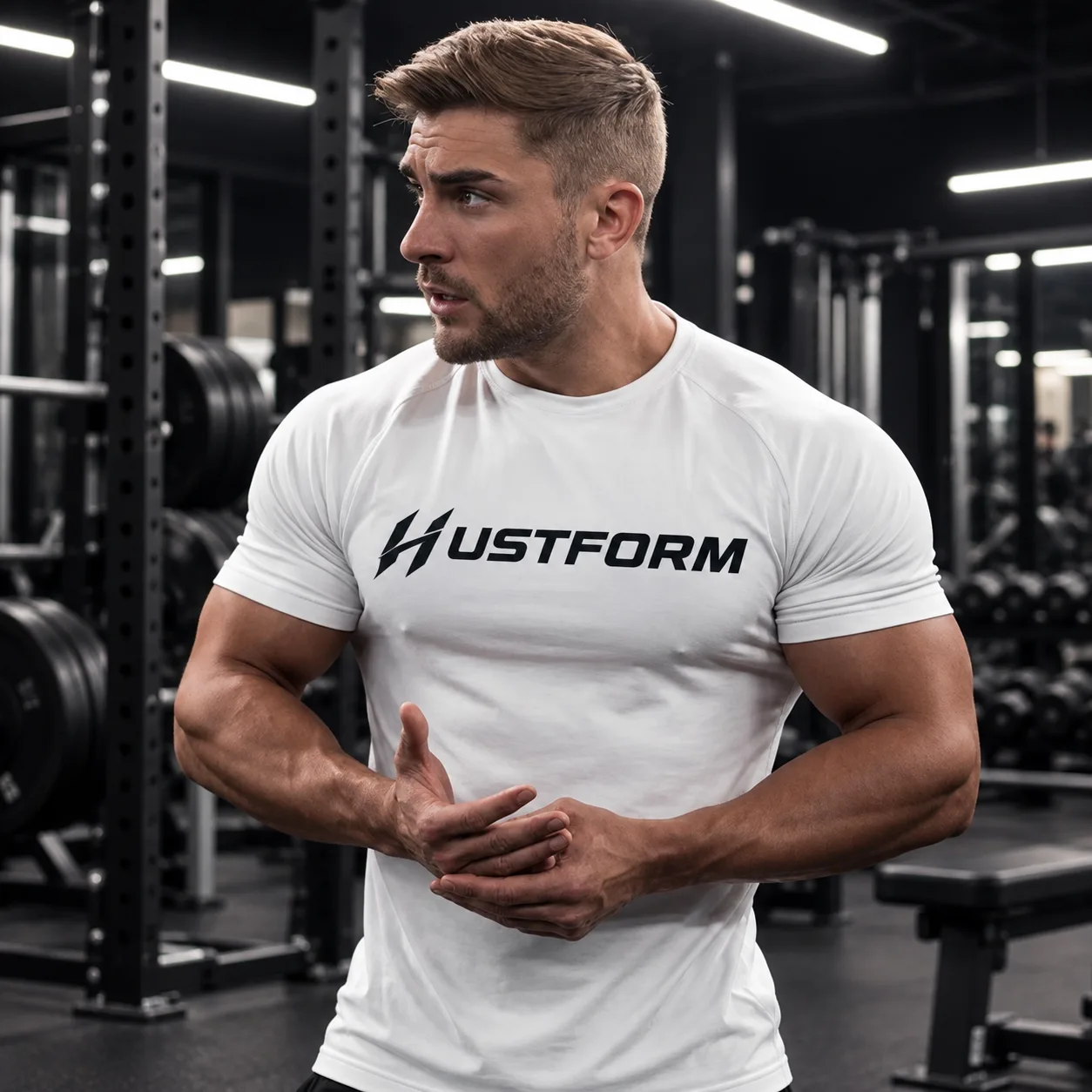 Atleta Hustform con la Core Training Tee blanca con el logotipo HUSTFORM en el pecho